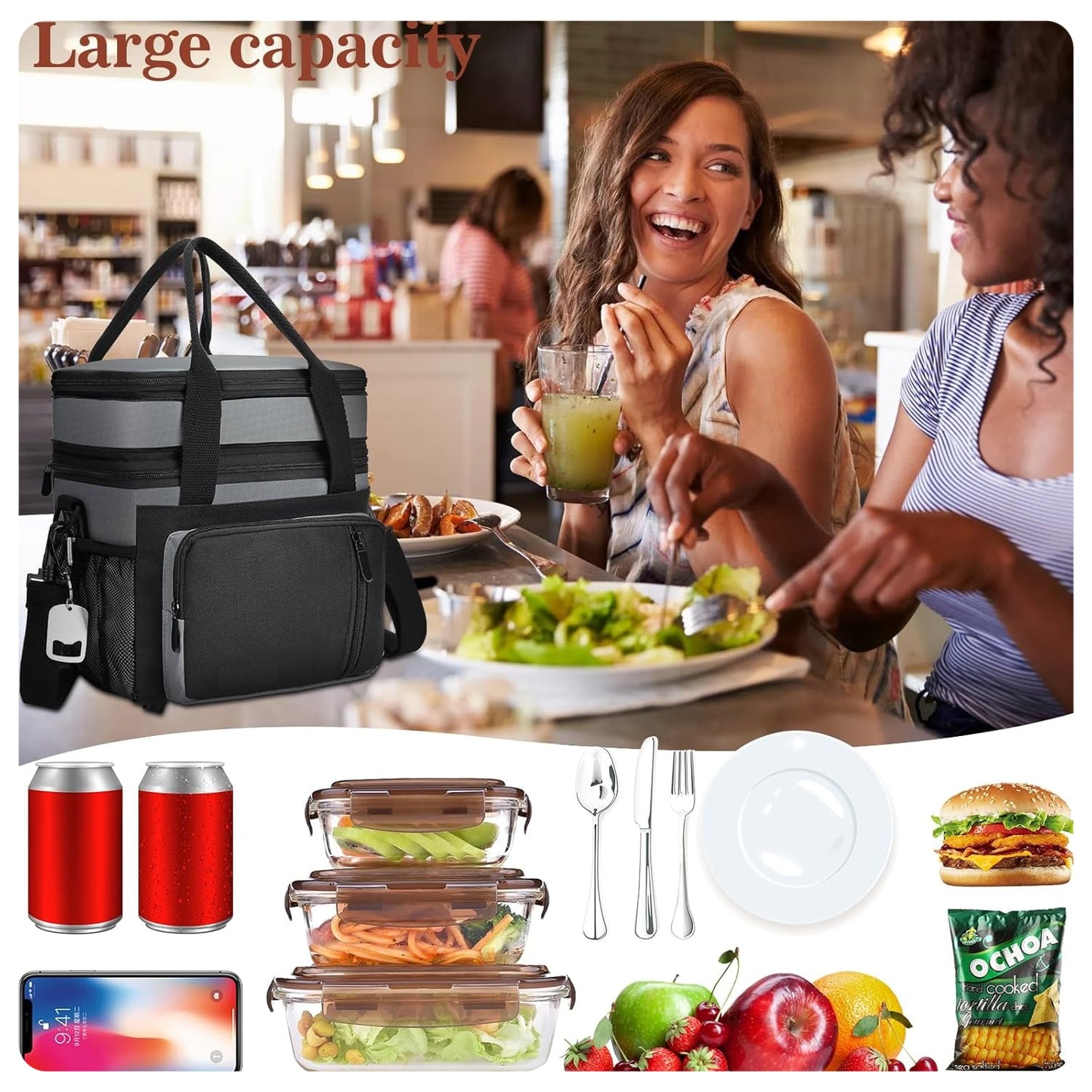 Large Insulated Lunch Box (16L) – Double-Layer Reusable Lunch Bag, Leak-Proof Cooler Tote for Women & Men | Gray – Ideal for Work, Picnic, Outdoor Use 🎒