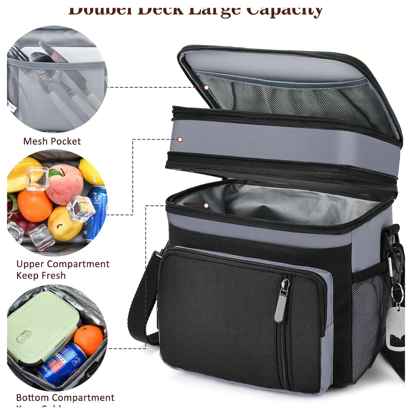 Large Insulated Lunch Box (16L) – Double-Layer Reusable Lunch Bag, Leak-Proof Cooler Tote for Women & Men | Gray – Ideal for Work, Picnic, Outdoor Use 🎒