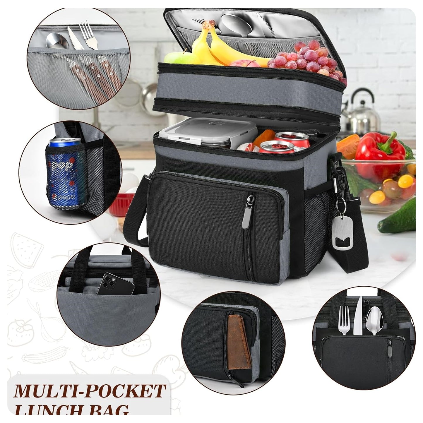 Large Insulated Lunch Box (16L) – Double-Layer Reusable Lunch Bag, Leak-Proof Cooler Tote for Women & Men | Gray – Ideal for Work, Picnic, Outdoor Use 🎒