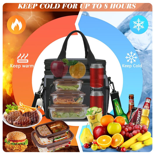 Large Insulated Lunch Box (16L) – Double-Layer Reusable Lunch Bag, Leak-Proof Cooler Tote for Women & Men | Gray – Ideal for Work, Picnic, Outdoor Use 🎒