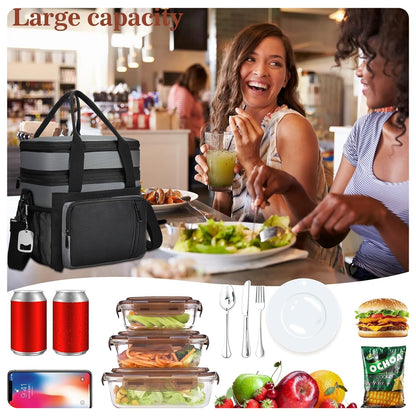 Large Insulated Lunch Box (16L) – Double-Layer Reusable Lunch Bag, Leak-Proof Cooler Tote for Women & Men | Gray – Ideal for Work, Picnic, Outdoor Use 🎒